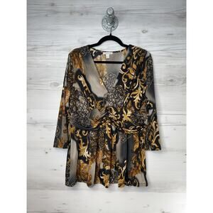 Boston Proper Shirt Womens XL Black Gold Baroque Floral Boho Tunic Stretch Top
